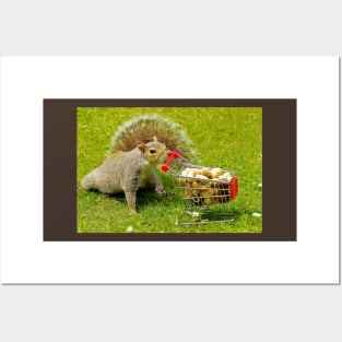 Squirrel with shopping trolley cart stocking up for winter . Posters and Art